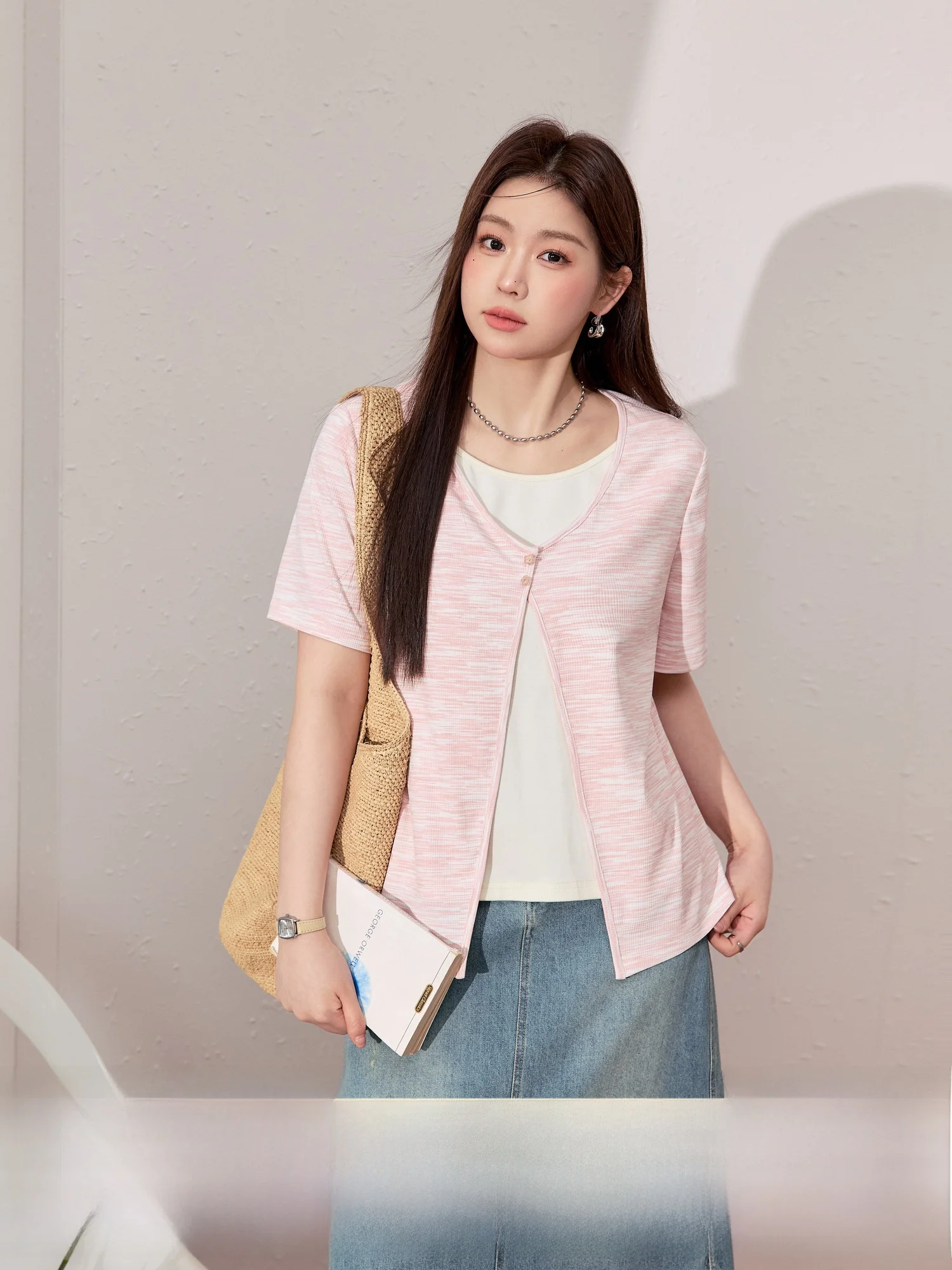 

Blue Language plus Size Women's Faion Slimming Pink ort Sve T-irt Breathable Versatile Beautiful Top Commute Sle
