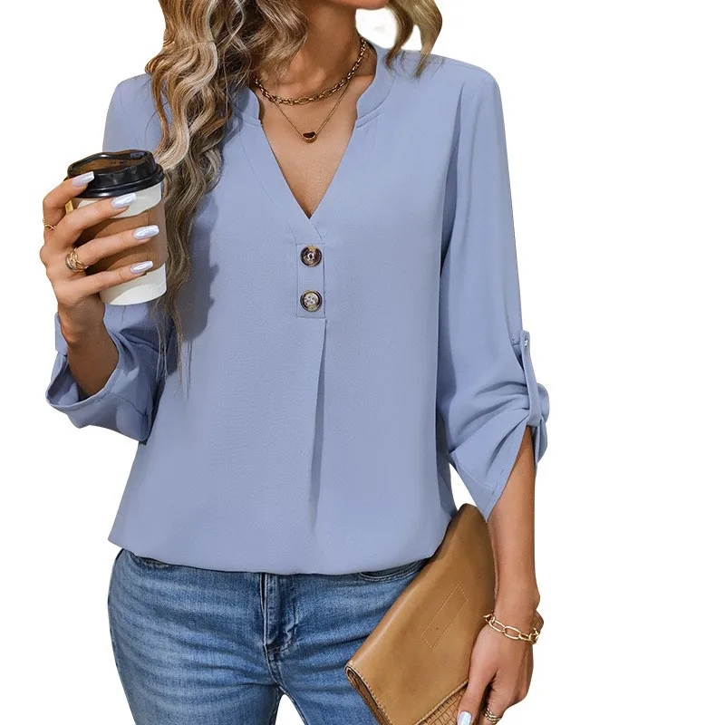 Camicia da donna casual in tinta unita con scollo a V pullover a maniche lunghe allentato blu con maniche abbottonate Camicetta autunnale Nuovo 2025 Ladies Y2K Top
