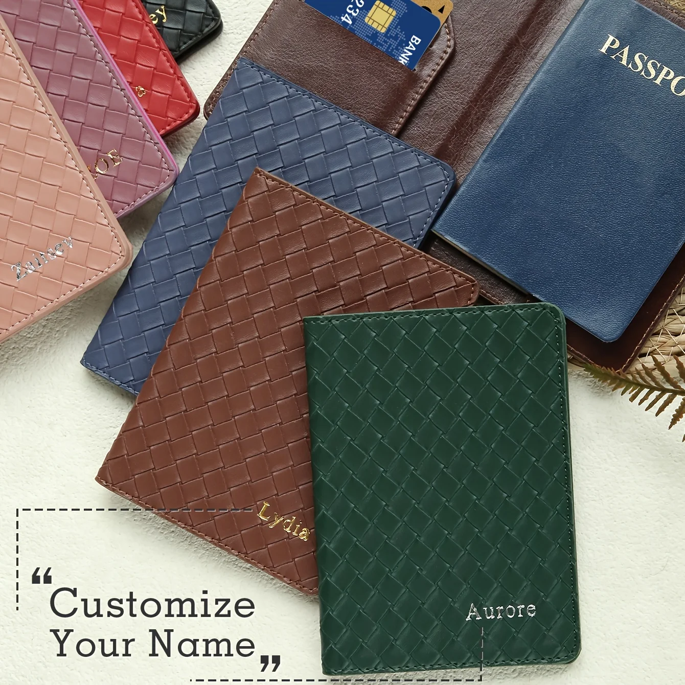 

1PC Custom Name Argyle Straw Leather Passport Holder Documents Organizer Protector Premium Passport Wallet for Travel