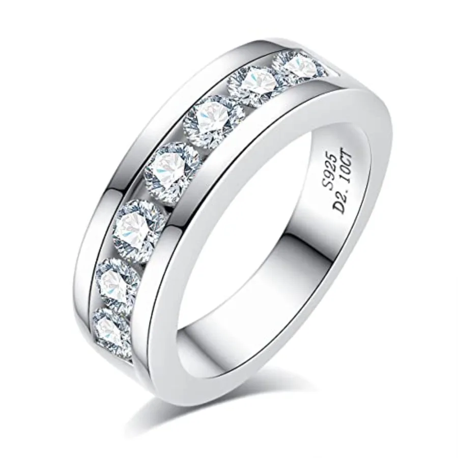 AnuClub Moissanite Wedding Band Half Eternity Rings D Color VVS1 925 Sterling Silver Anniversary Band Rings for Men with Certif