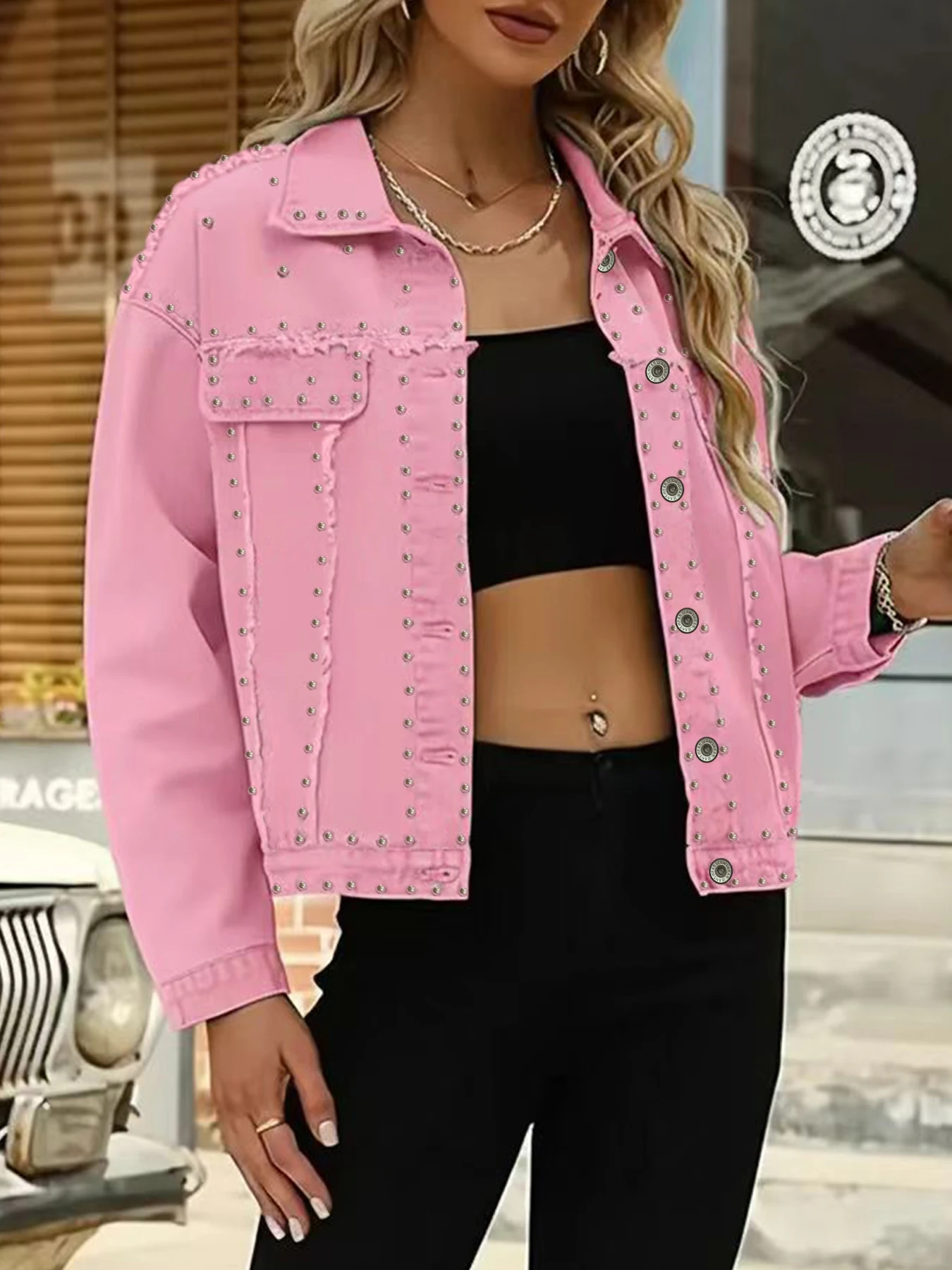 plus Size Women's Loose Rockabilly Denim Jacket with Studs Washed out Style Women's Oversized Jeans Jacket