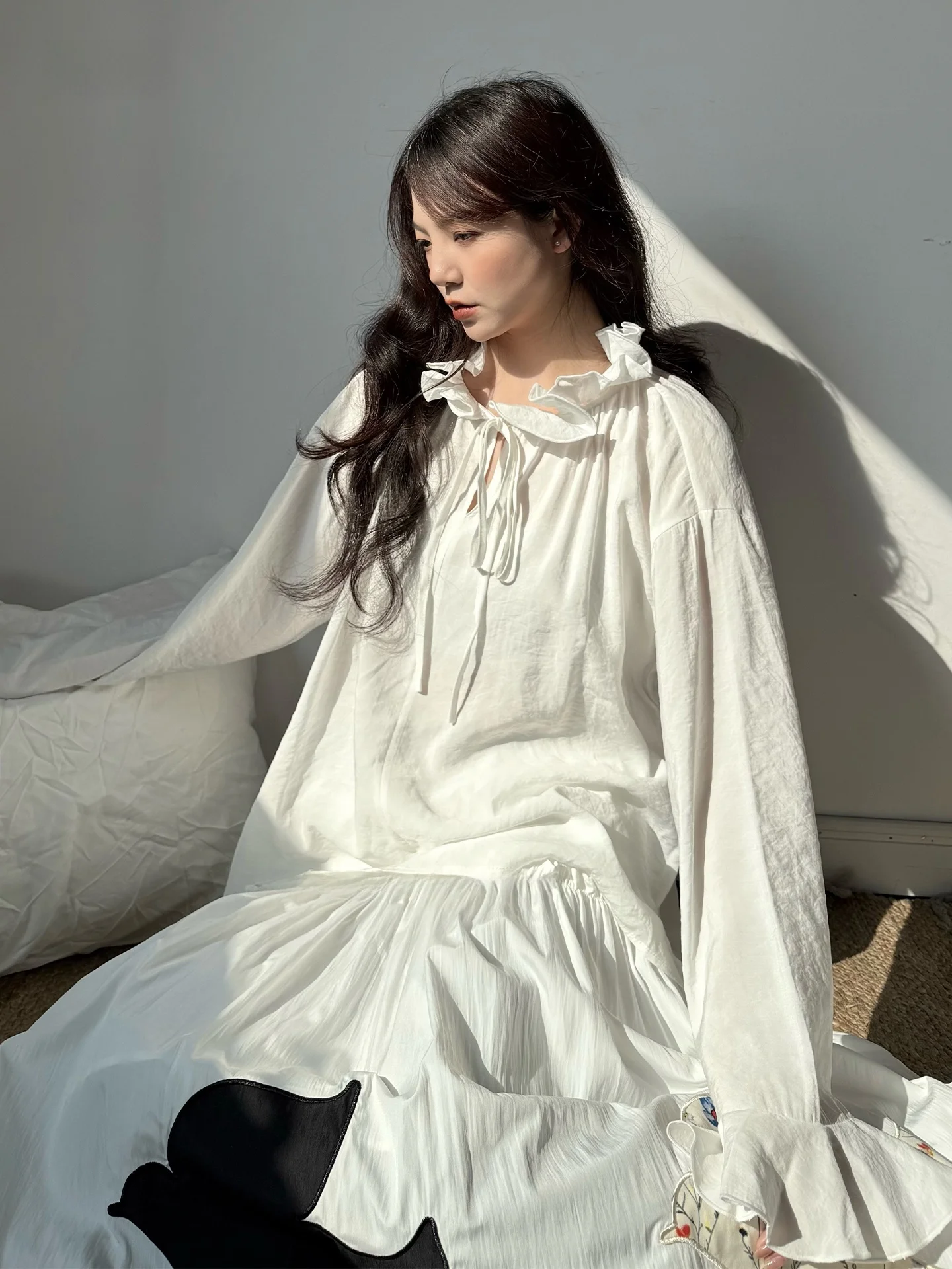 

Princess Style Long Sleeve Shirt Women's Floral Tie Knot Loose Fit Cotton Polyester Blend Spring Summer Top