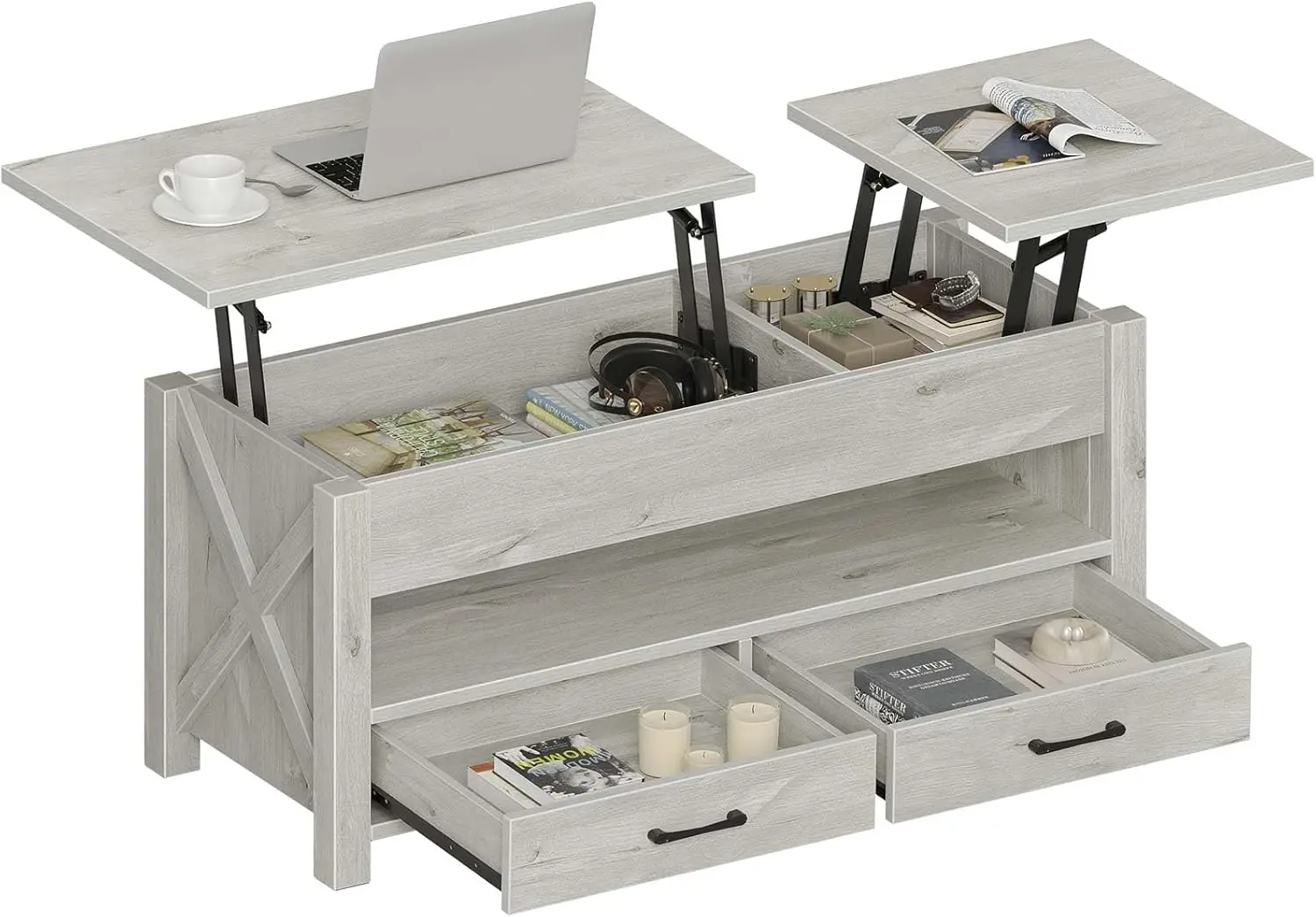 

Журнальный столик с подъемным верхом 47,2 дюйма, ящиками для хранения и скрытым отделением, серый центральный стол в стиле ретро для гостиной