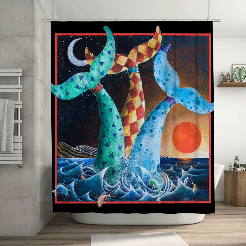 

Whimsical Whale Shower Curtain Blue, Red, Yellow Green Patterned Fabric Waterproof Decorative Bathroom Tarp Size: 180x240cm (70X