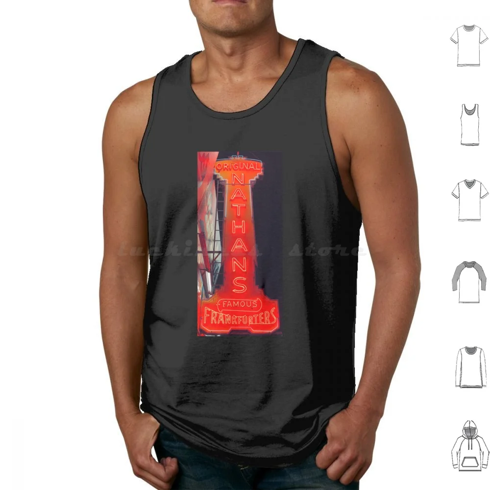 Letrero de neón original de los perros calientes famosos de Nathans. Isla Cono. Brooklyn, camisetas sin mangas de Nueva York con estampado de algodón Nathans Coney