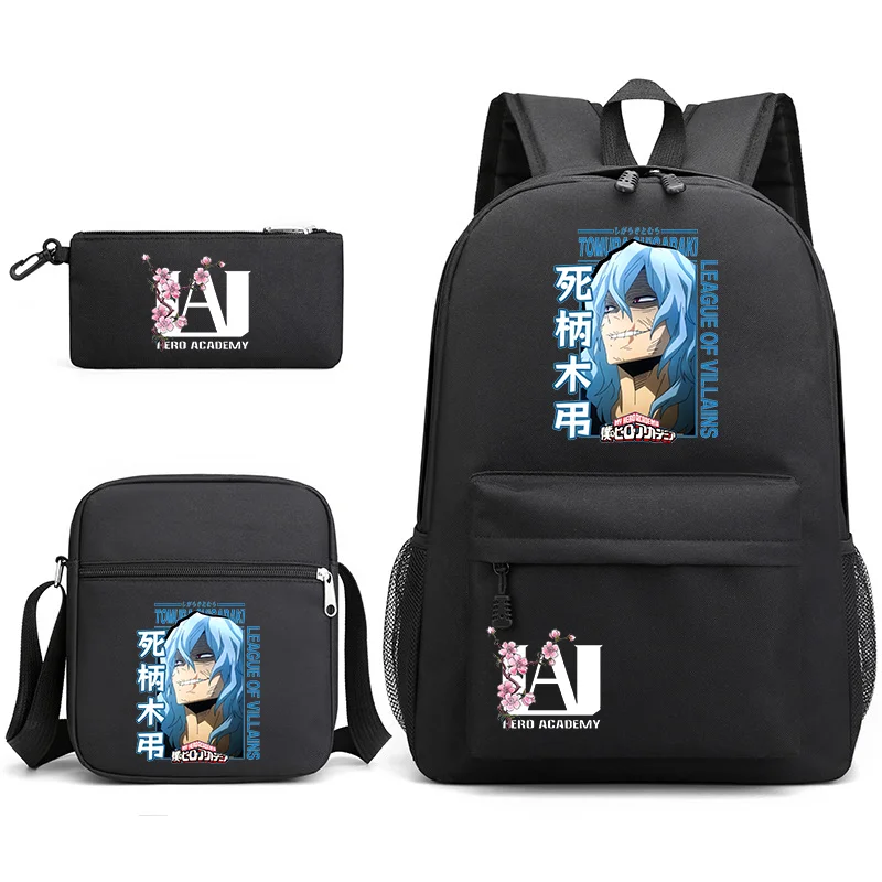 Anime Shigaraki Tomura Pattern Three Piece Backpack New School Large Capacity Backpack Shoulder Bag Pen Bag Anime Backpacks