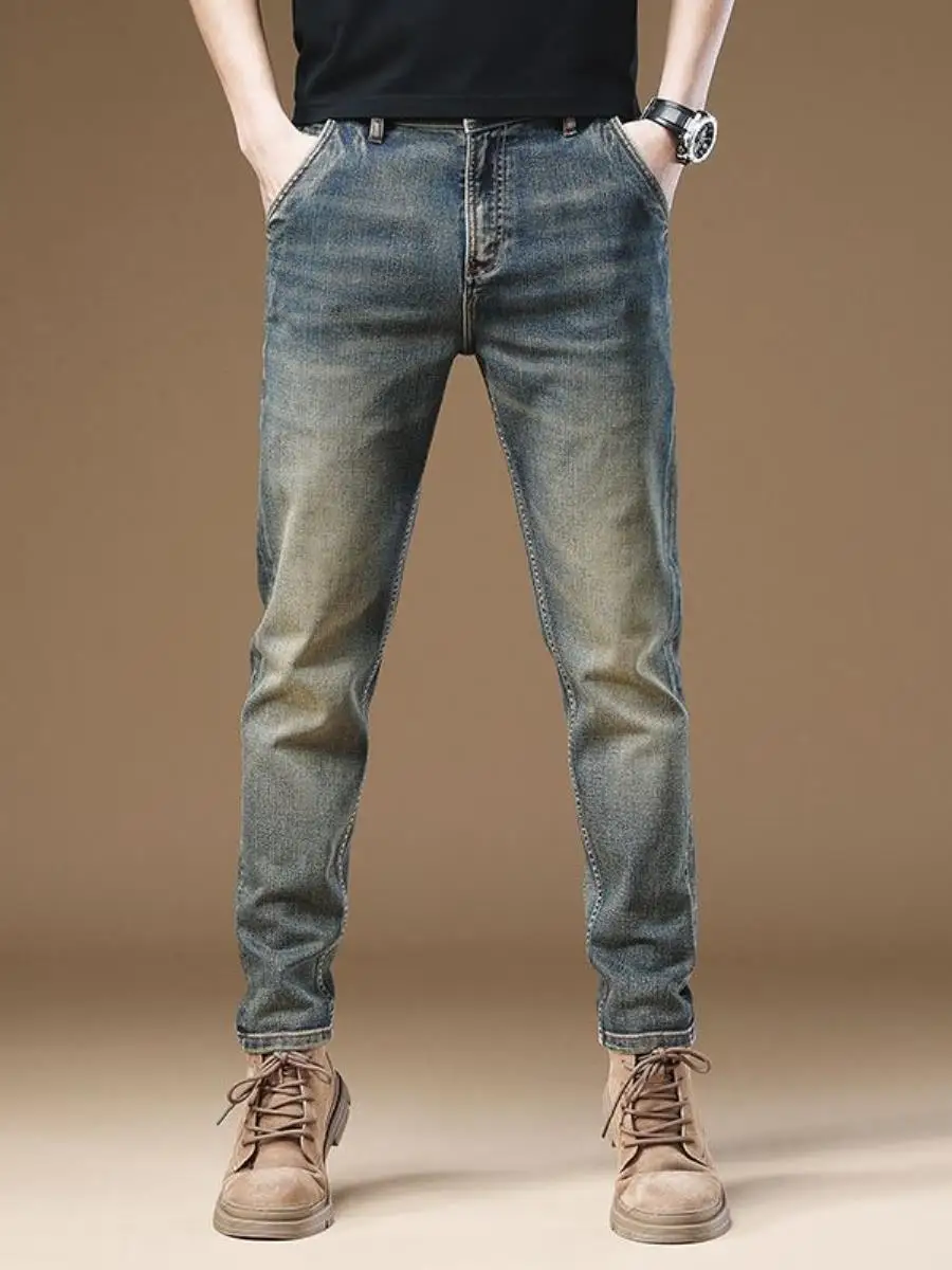 

Retro American Denim Jeans Men's Spring Autumn Mud Yellow Waed Slim Fit Casual Pants mid Waist Zipper Universal Sle