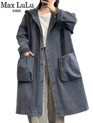 Max LuLu Fall Womens Classic Vintage Hooded Windbreakers British Casual Oversized Denim Trench Coats Fashion Loose Long Clothes