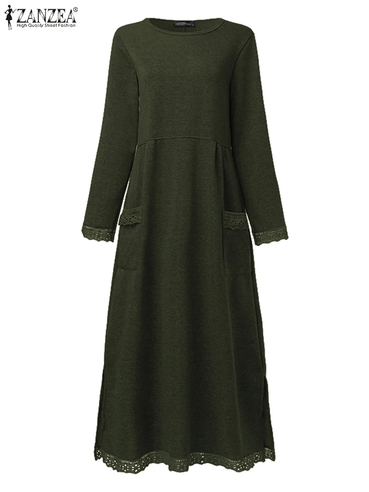 2025 ZANZEA femmes automne à manches longues chaud polaire Robe d'été hiver sweat Robe col rond dentelle Patchwork Maxi robes Robe Femme