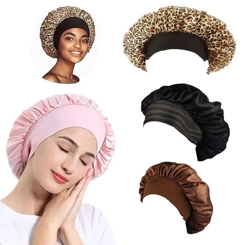 1PC Satin Bonnets Night Sleeping Cap Large Elastic Wide Soft Band Colorful Silk Hat for Curly Hair Care Beauty Makeup for Women