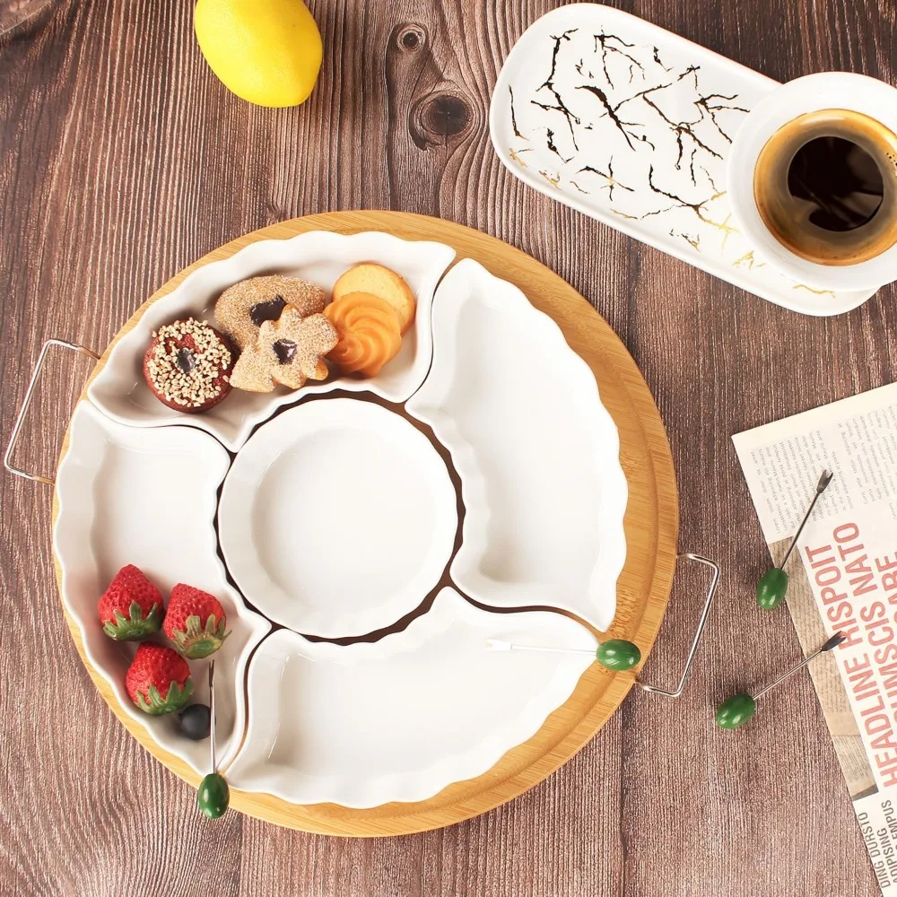 Divided Snack Tray with Lid, 5 Removable Snack Deli Containers with 4 Forks for Party Serving Plate, Fruit Tray with Dips, Snack