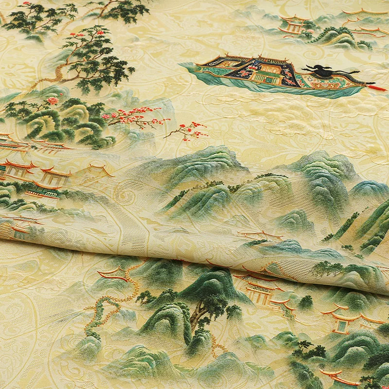Landscape Painting Floating Light Brocade Jacquard Fabric Light Green Women's Qipao Dress Chinese Style Coat Breathable Fabric