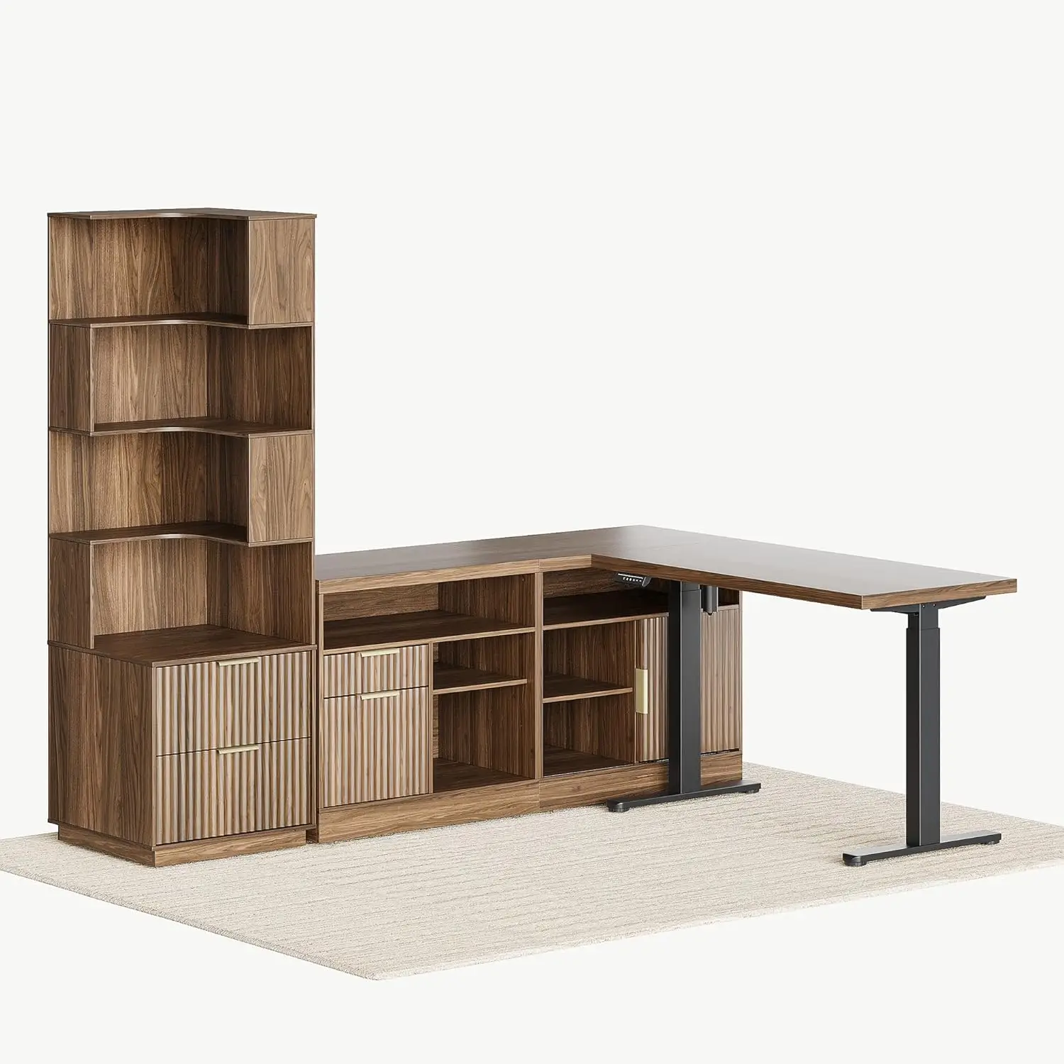 

Home Office Furniture Set, 67'' Standing Desk with 71'' Corner Bookshelf, Electric Height Adjustable Desk with 2, Customized