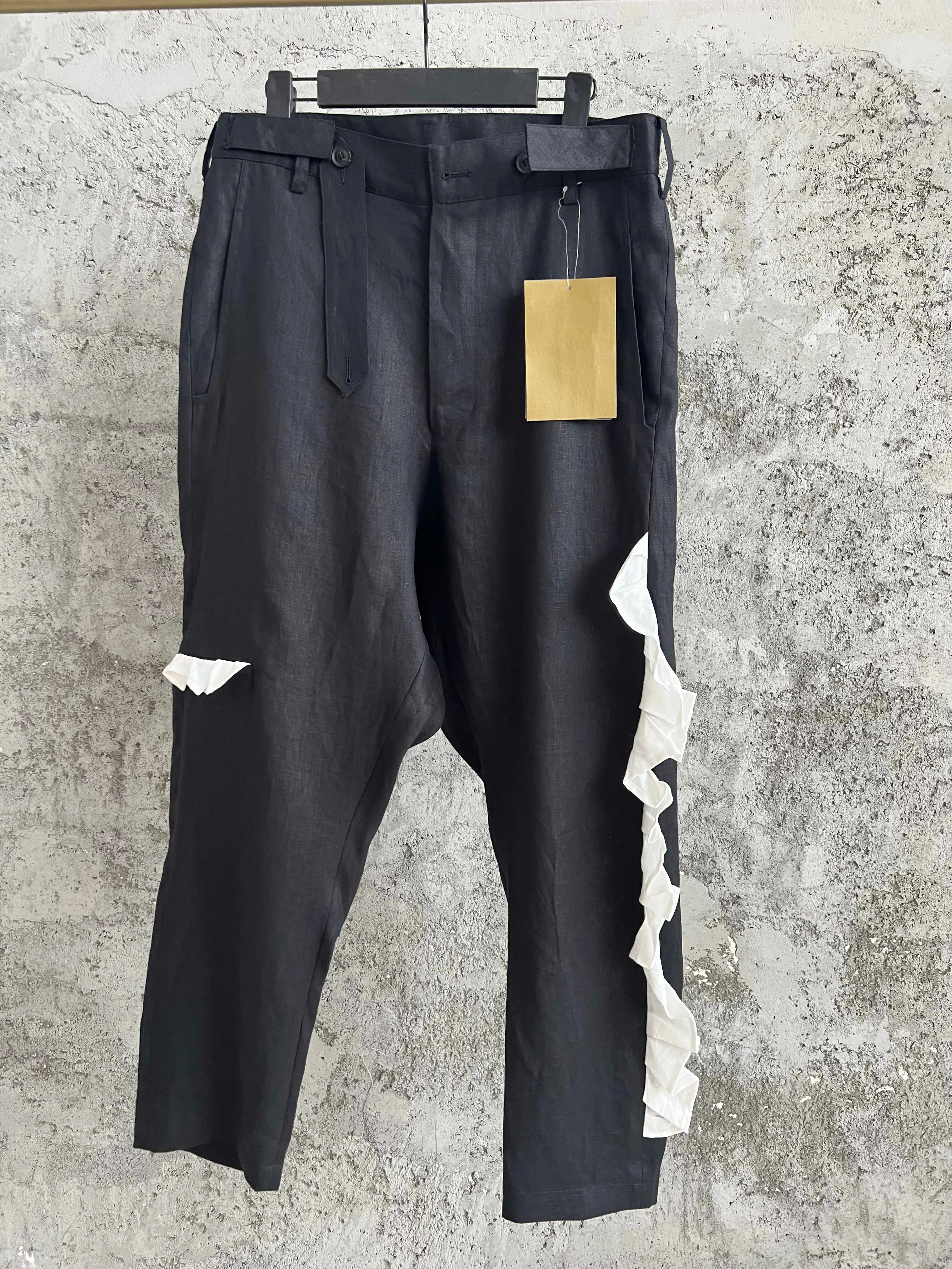

TOP-YAMAMOTO original dark design sense white patchwork linen casual pants asymmetrical loose long pants