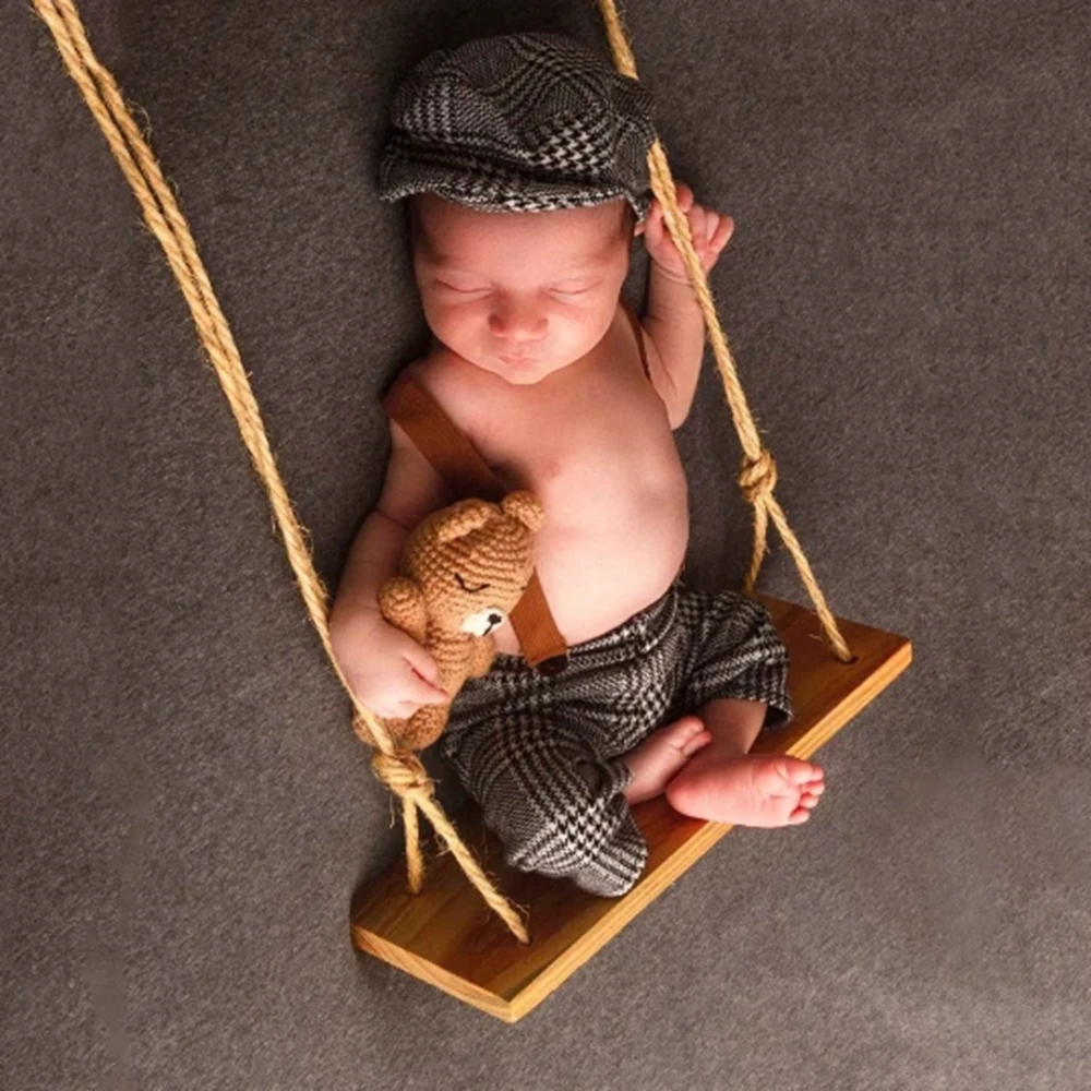 Newborn Photography Outfit Baby Houndstooth Suspender Pants and Beret Set Infant Photo Props Vintage Newborn Photography Costume image 4
