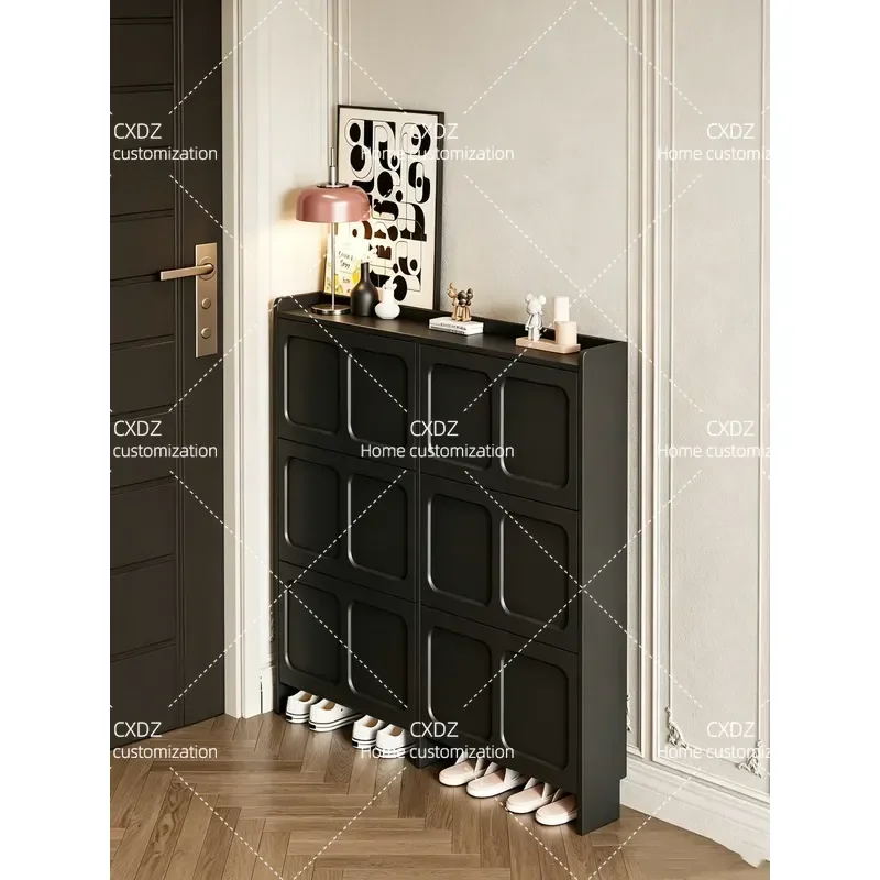 Black Ultra Thin Tipping Bucket Shoe Cabinet Household Door Storage Narrow Slit Against Wall Simple Modern Entrance Cabinet