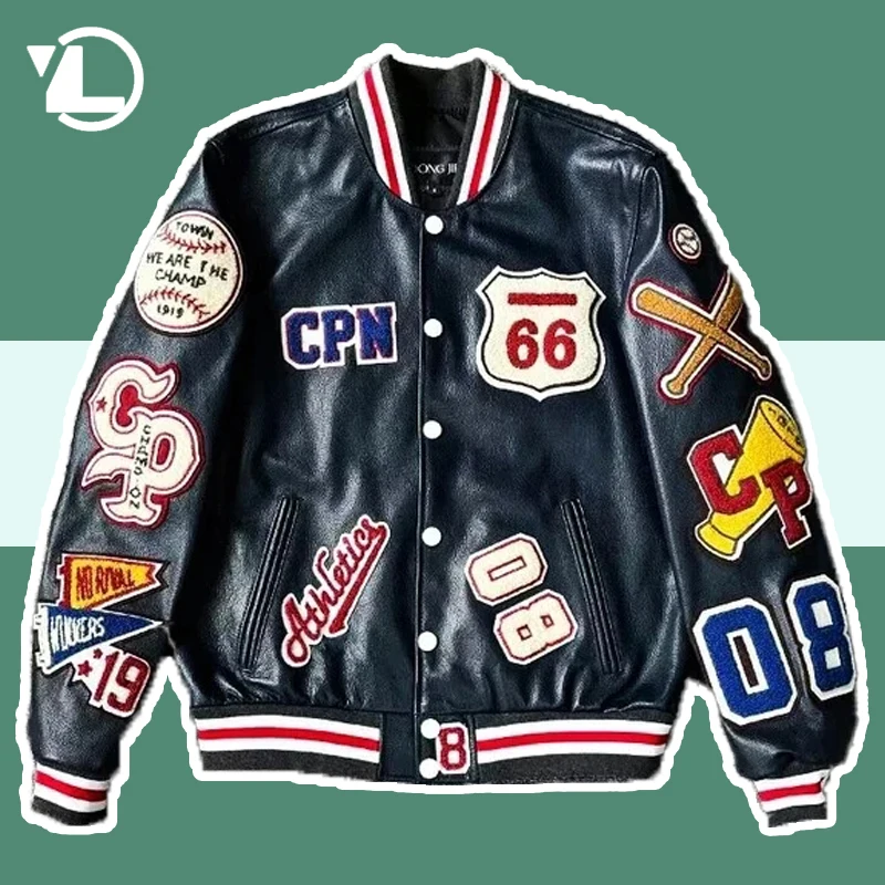 

Bomber Leather Jacket Men Woman Spring Autumn Flocking Embroidery Baseball Uniform Coats Unisex High Street Retro Racing Outwear