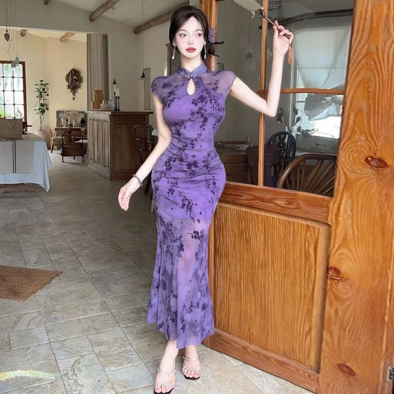 

Длинное платье Cheongsam больших размеров 50-150 кг, элегантное винтажное платье с цветочным воротником-стойкой, сетчатое лоскутное китайское традиционное униформа Ципао