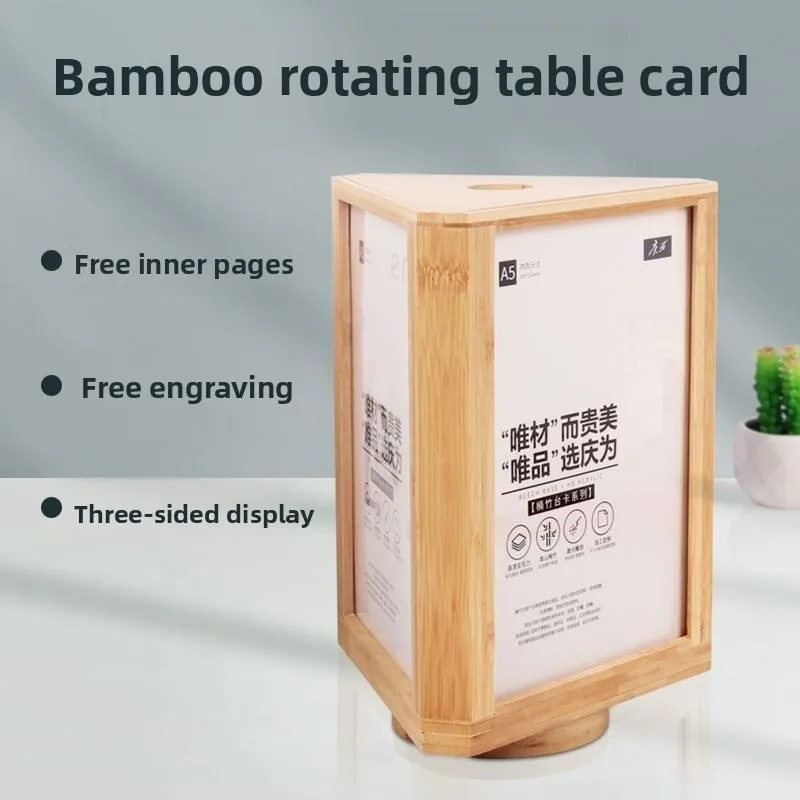 Three-sided rotating solid wood table a4 rotating menu display card price  a5 card stand card stand billboard