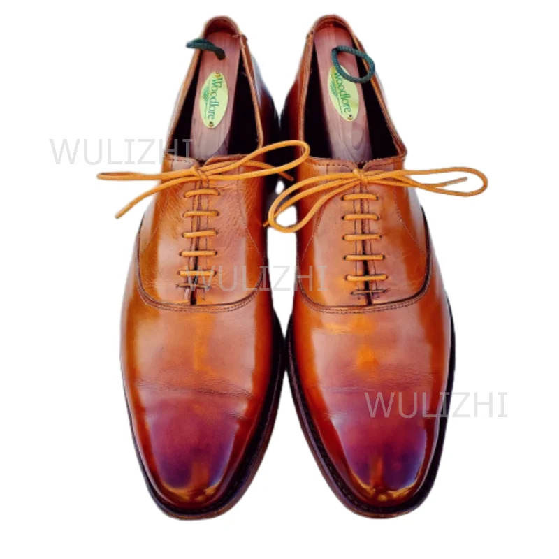 Caramel Brown Vintage Polished Lace Loafers Men Dark Gradient Flats Oxfords Summer Sporty Patchwork Lace-Up Luxury Wedding Shoes