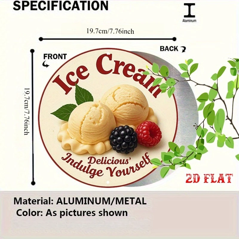 2D Flat Dessert_ Round Signboard, Delicious Round Wall Decoration_ Raspberry_ Rustic Metal Wall Art, Ice Cream_ Round Signboard_ Metal Wall Decoration