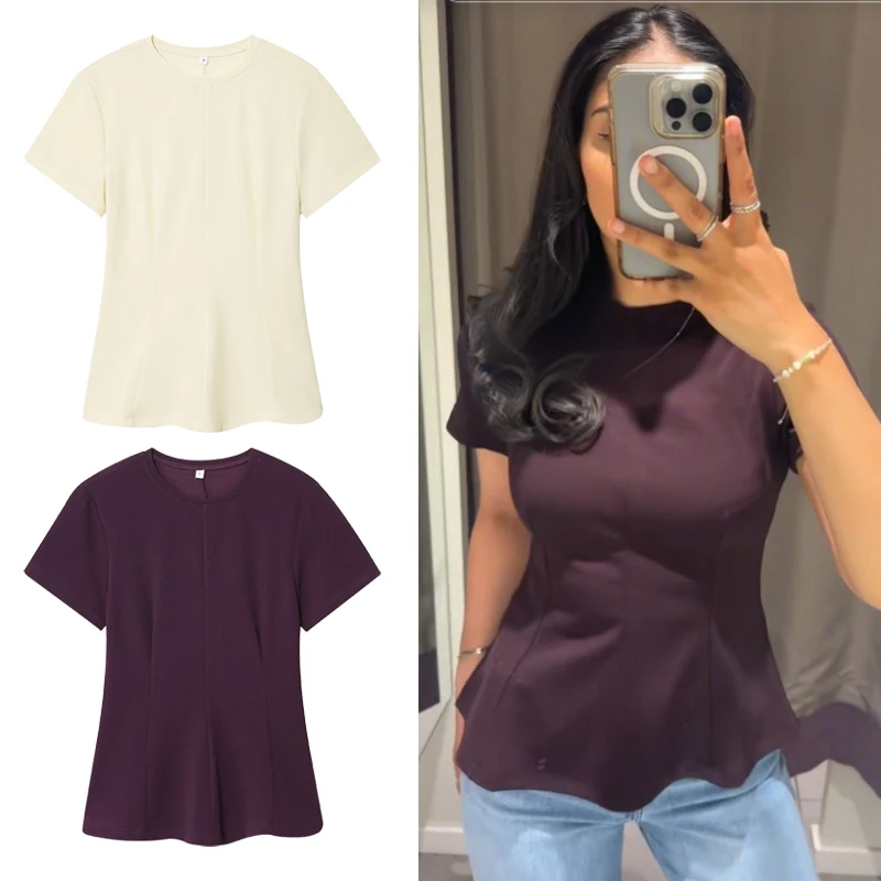 

Women's T-shirt Short-Sleeved Top Women Beige Purple Solid Shirts & Blouses Slim Fit Streetwear Casual Female Elegant Blouses