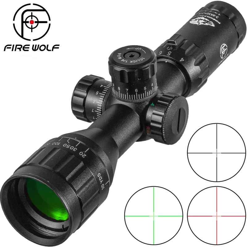 

FIRE WOLF 3-9X32 Rifle Scope with Red Green Illuminated Cross Hunting Tactical Optical Scope Range Air Gun Pocket Mirror Sight