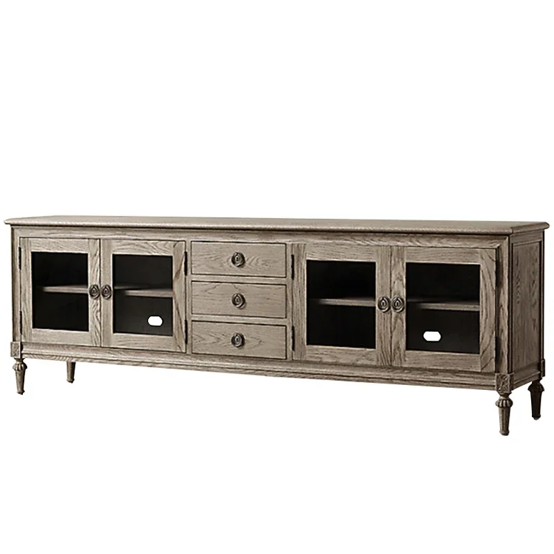 

ls 42 American retro TV cabinet, oak engraved high-footed glass door, rural antique audio-visual cabinet can be customized