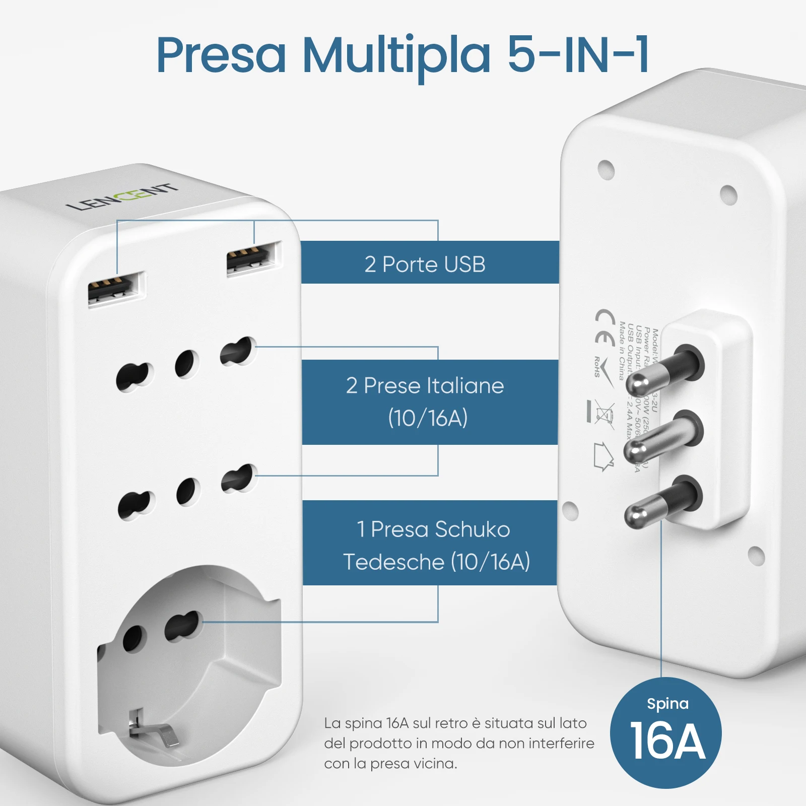 LENCENT Multi Power Socket 5 in 1 German Wall Multi Socket Plug Adapter with 3 AC Outlets+2 USB Ports 16A 4000W for Home Travel