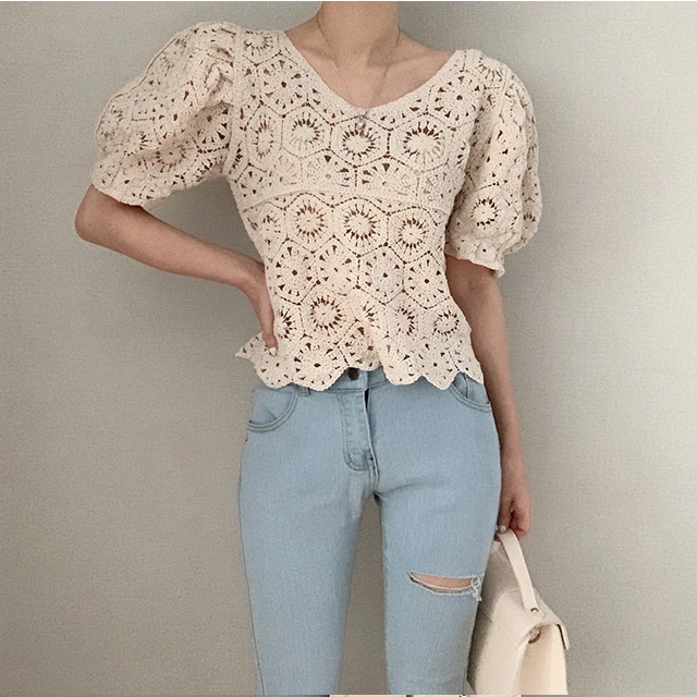 Embroidery Crochet Top Lace Blouse Puff Sleeve Wavy Hem Openwork Crop Tops for Women Korean Fashion Chic Spring Summer Outfit
