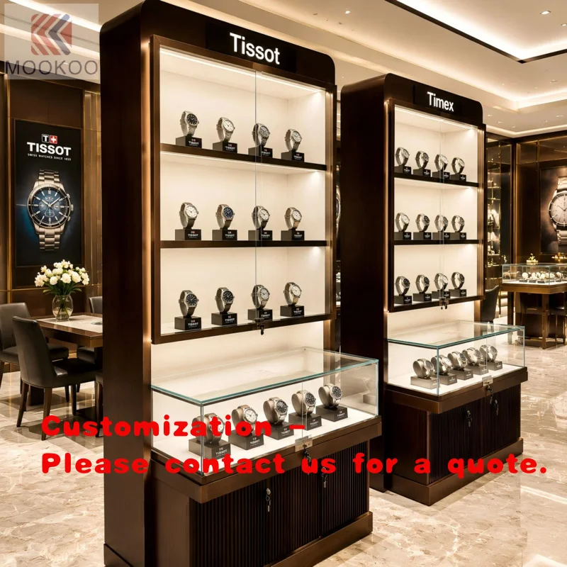 custom.Dark Wood Watch Display Cabinet with LED Light Watch Shop Glass Showcase with Storage