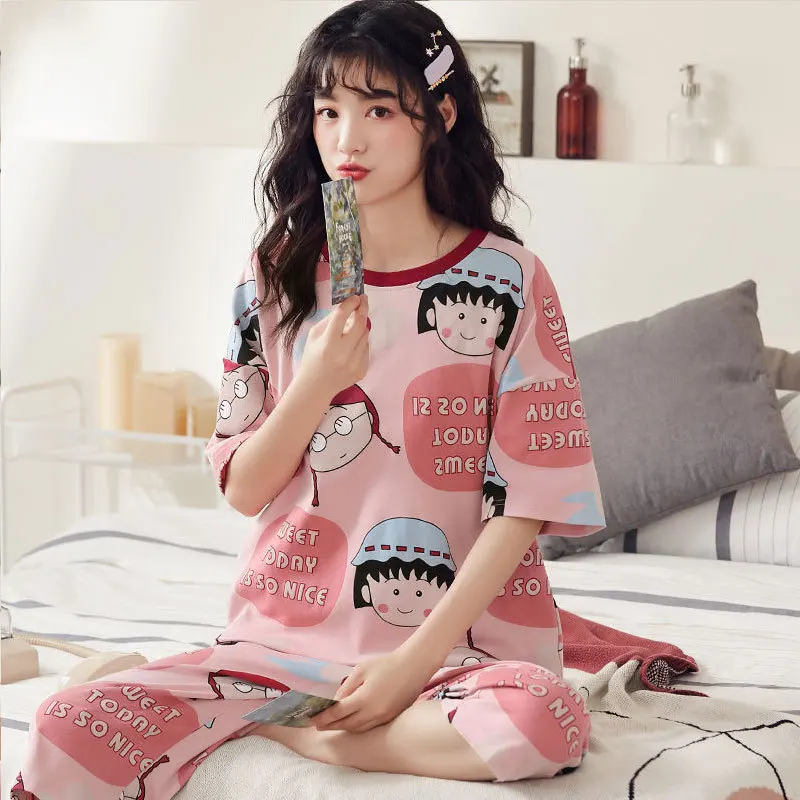 Anime Cartoon Chibi Maruko-Chan Women\'s Pajamas Summer New Cute Short Sleeve Round Neck Thin Sweet Girly Home Clothes Set Gift