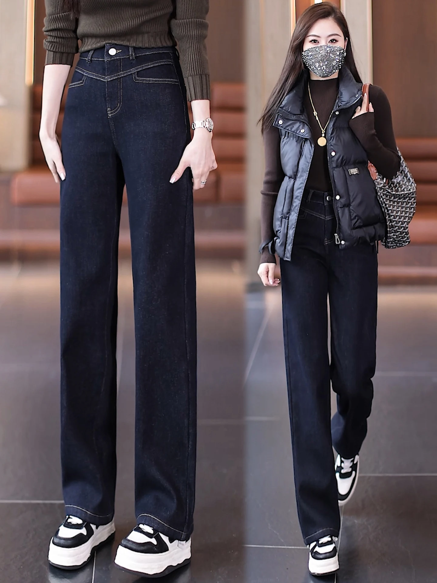 

Deep Blue Slim Fit Wide Leg Denim Jeans Women's High Waist Thickened Fleece Straight Leg Pants Autumn Winter New Style