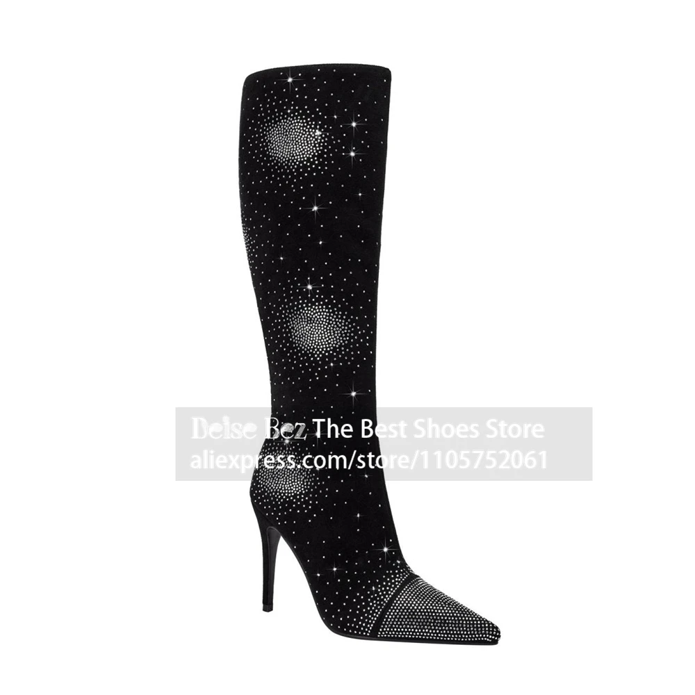 Black Rhinestone Dot Pattern Knee Boots Suede Crystal Dotted Pointed Toe Tall Stiletto Boots Gradient Rhinestone Slim Heel Boots