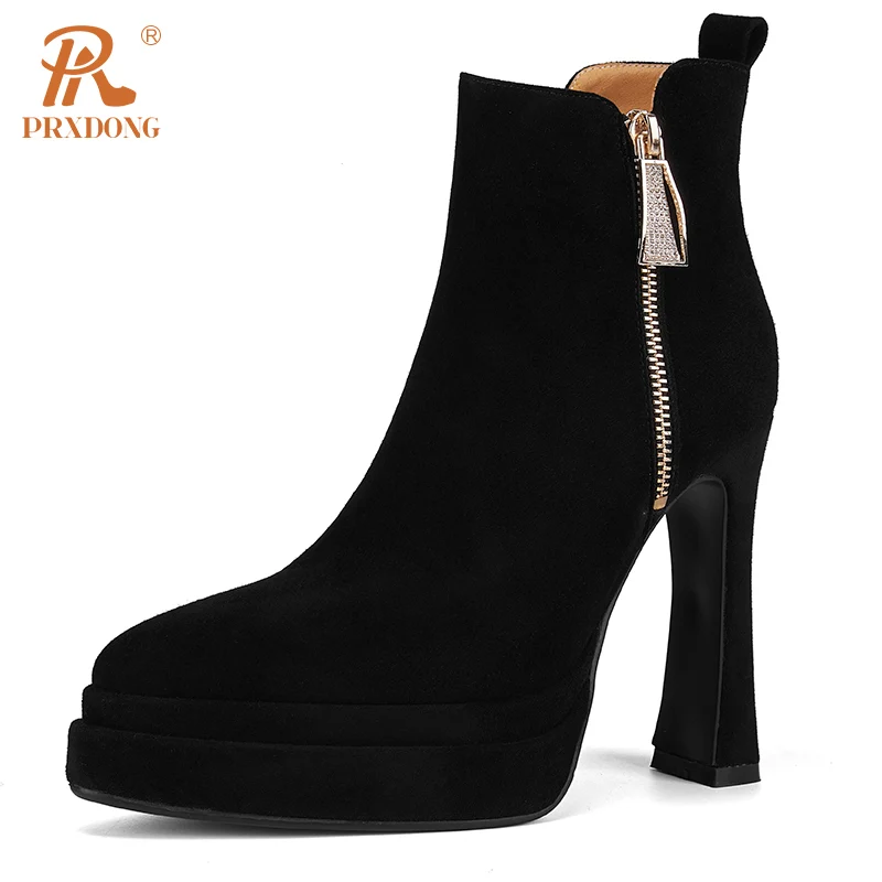 PRXDONG Genuine Leather Women\'s ANkle Boots Sexy High Heels Thick Platform Black Khaki Zipper Dress Party Office Lady Shoes 39