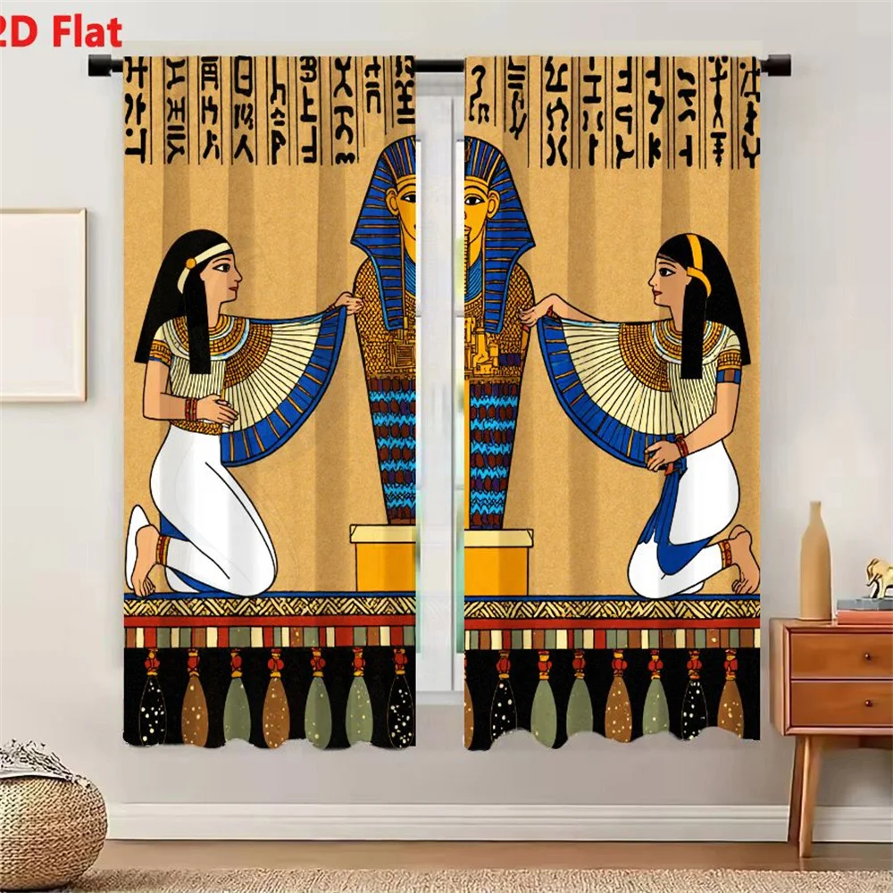 2Pcs Curtains 2D Flat Ancient Egyptian Scene Pharaoh Sarcophagus With Golden Face Mask Blue Gold Patterns Kneeling Women Traditi