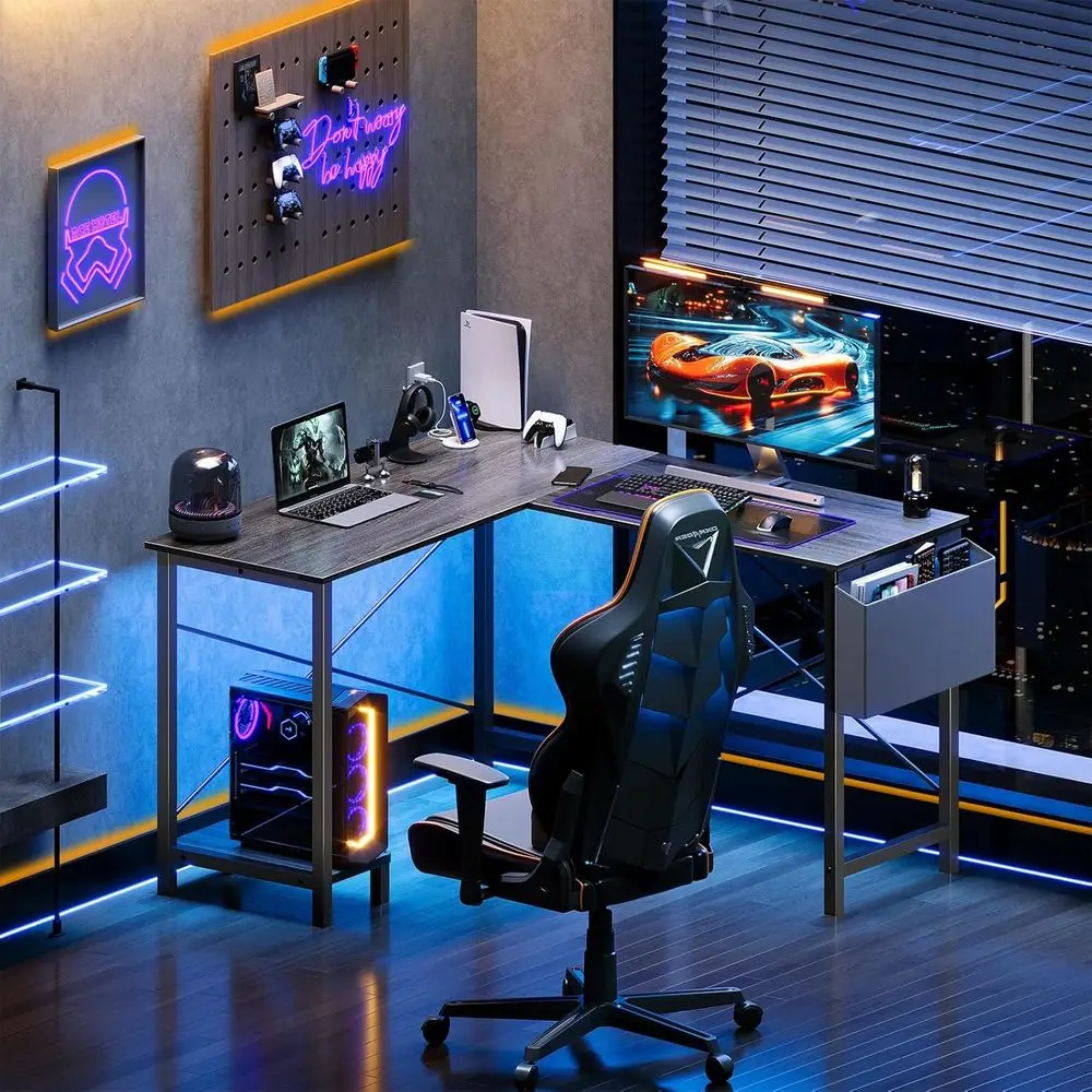 L Shaped Desk Computer Gaming Corner Table 50 Inch Home Office Writing Student Work PC Workstation with Side Storage Bag CPU Sta