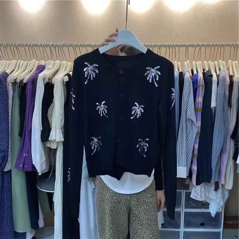 

Ранняя осень, вязаный кардиган с блестками, женский модный универсальный свитер с v-образным вырезом и длинными рукавами, пальто, женский черный трикотаж