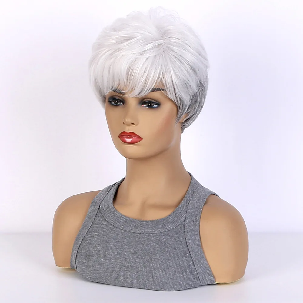 Synthetic  Short Mixed Gray White Wigs for Women Layered Pixie Cut Wigs with Bangs Wigs for White Women Fake Hair