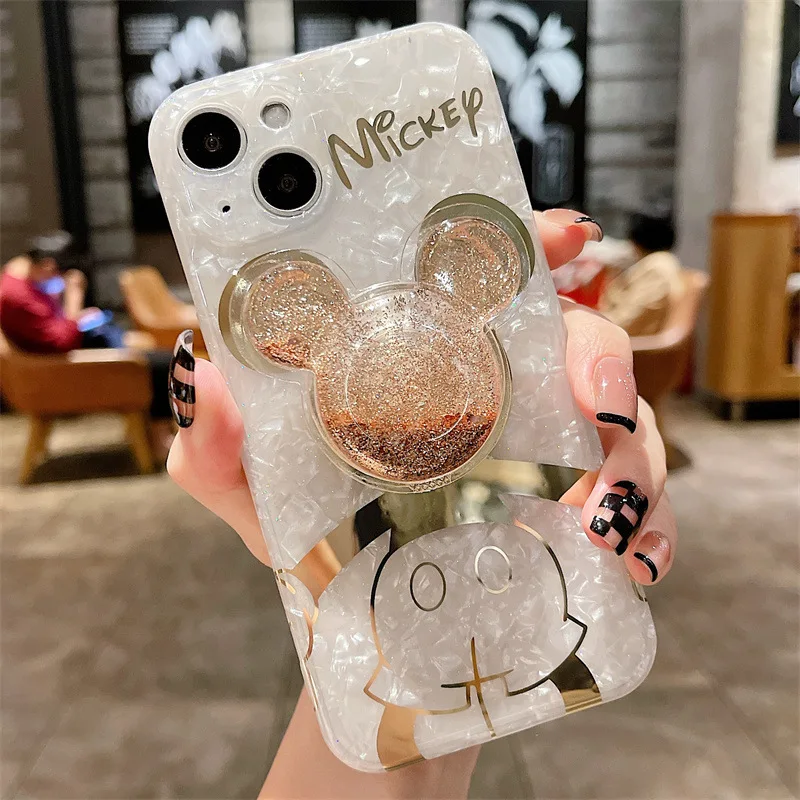 Disney Mickey Minnie Bracket Phone Case iPhone 14 13 12 11 Pro Max Cartoon Fall prevention Gilded Sand Silicone Protective Cover