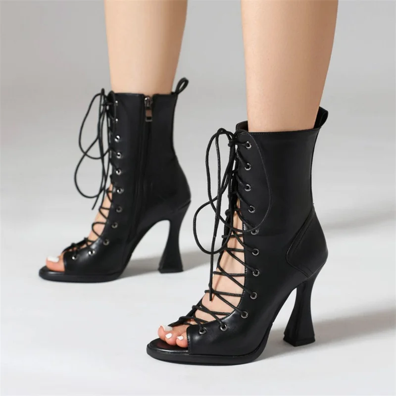 

Sexy Ankle Boots For Women Shoes Lace-up Hollow Peep Toe Black Beige High Heels Jazz Dance Party Shoes Female Large Size 45 44