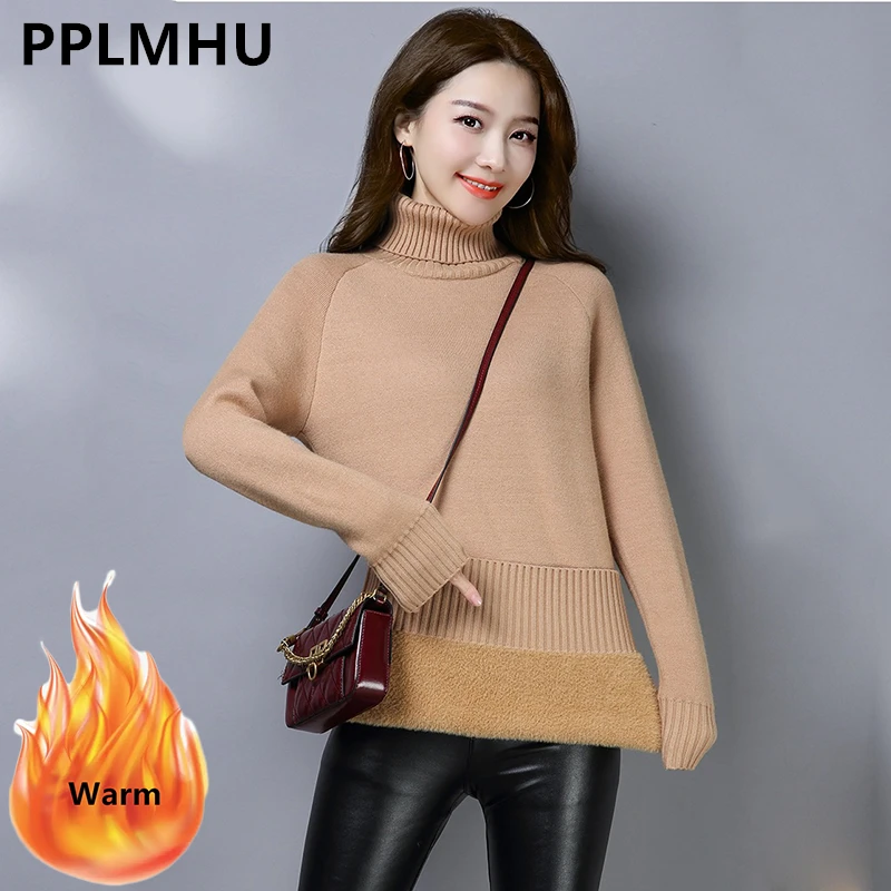 Turtleneck Slim Thicken Plus Velvet Mid-length Sweater Woman Winter Knitted Long Pullover Korean Fleece Lined Warm Knitwear Tops