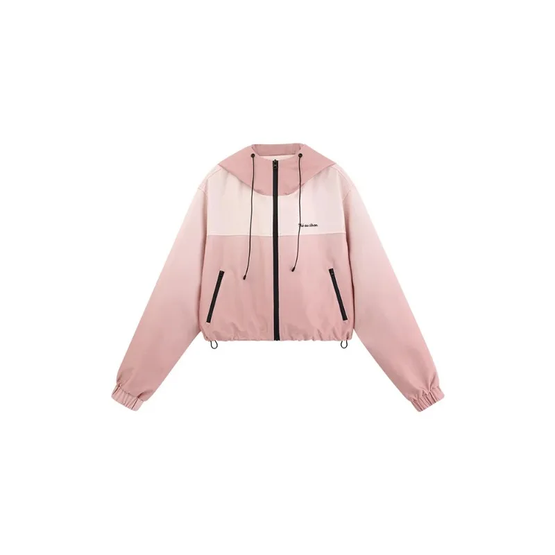 Gradient Hooded Short Jacket Women Lady Lightweight Windbreaker Coat Casual Outdoor Zip Up Crop Jacket Chic Spring Outerwear