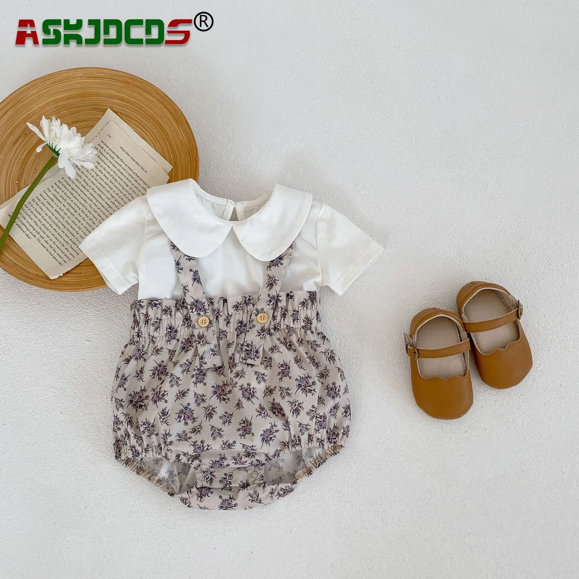 

New In Summer Newborn Girls Peter Pan Collar Top Solid T-shirts Floral Strap Bodysuits Infant Kids Cotton Clothing Set 2pcs