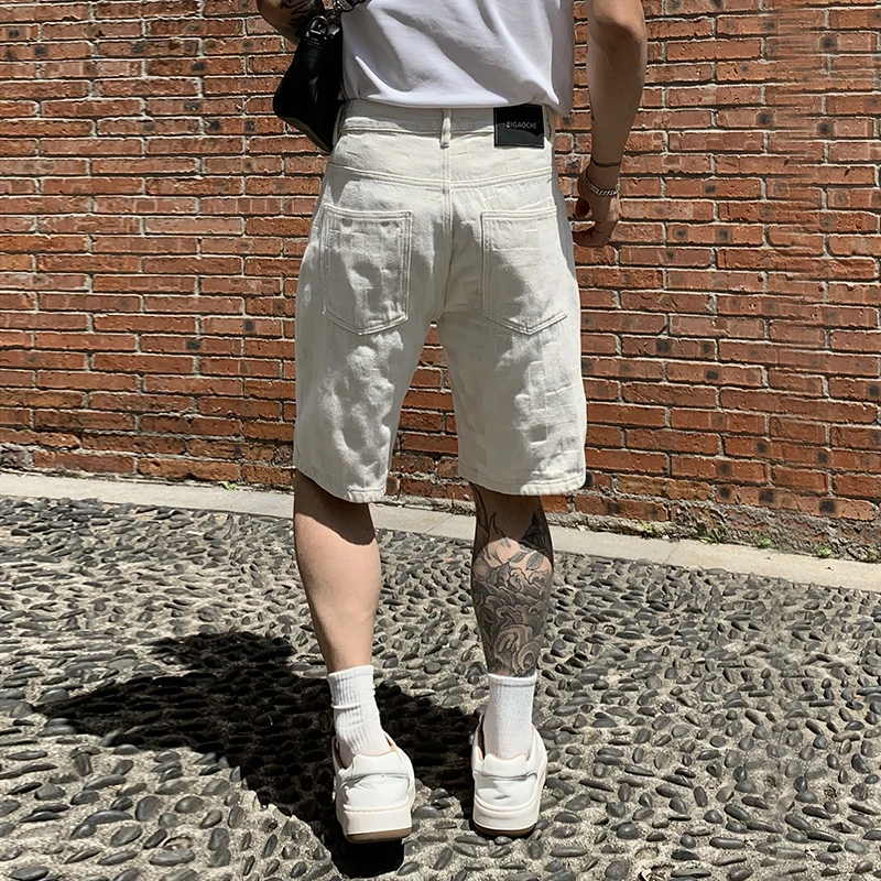 

9378 Summer tide senior sense washed plaid jacquard denim shorts men's straight five trousers trend