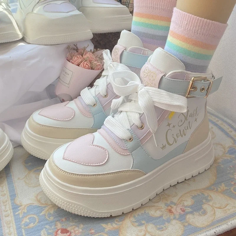 NEW 2024 Macaron Campus Style Lolita Sneakers Are Cute and Sweet All-match Autumn and Winter Thick-soled Height-increasing Shoes