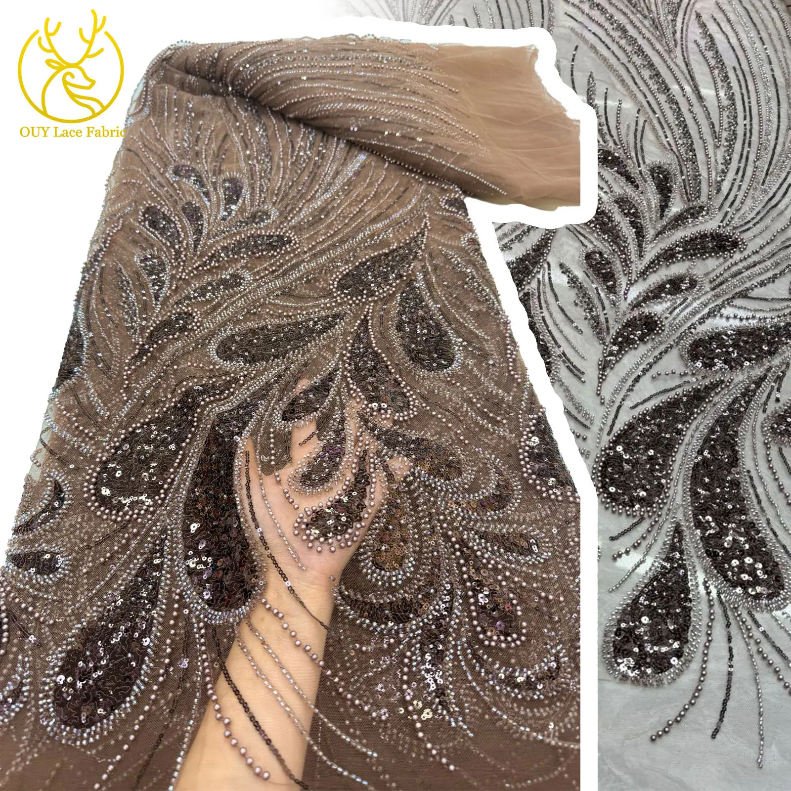 

Newest African Sequin Beaded Lace Fabric 2025 High Quality French Nigerian Groom Tulle Lace Fabric Women's Party Dresses 5 Yards