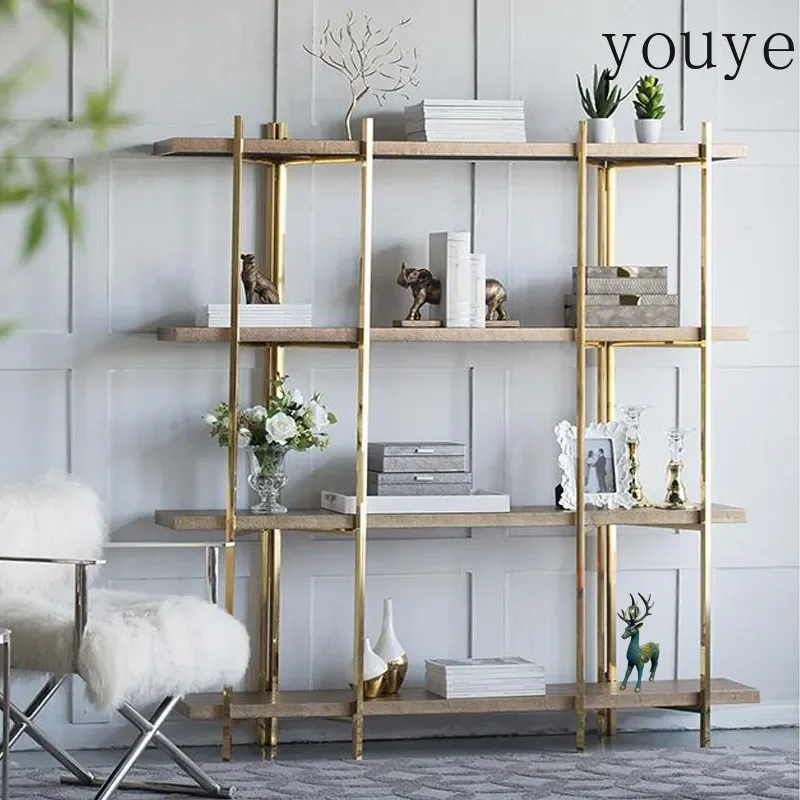 BJ American Stainless Steel Bookshelf Light Luxury Modern High-end Floor-to-ceiling Living Room Multi-layer Shelf Bookcase