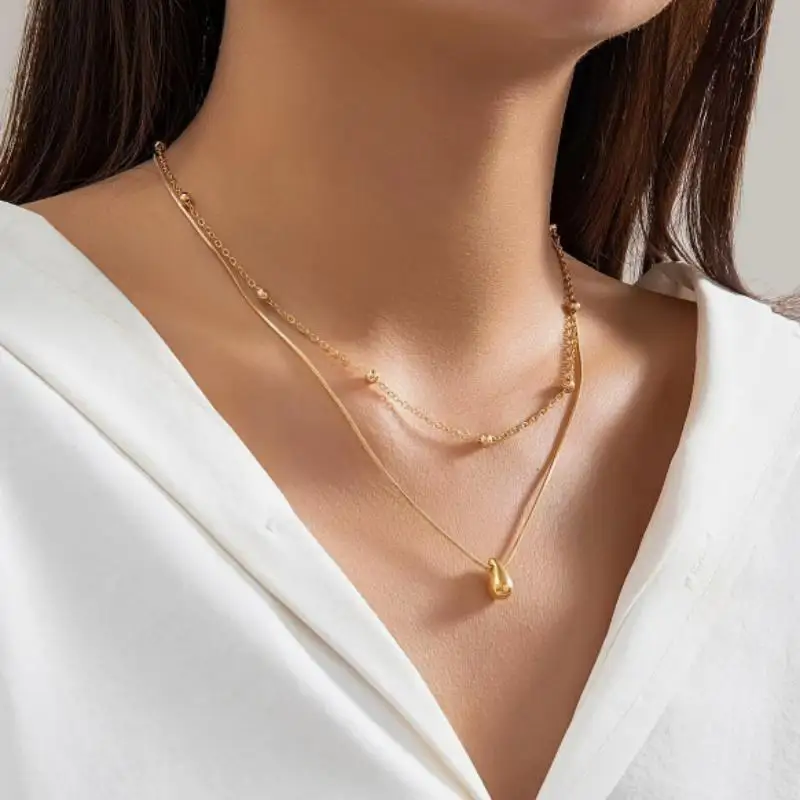 Women Double Layer Necklace, Snake Chain Teardrop Pendant Beaded Choker, Stackable Dainty Clavicle Jewelry for Ladies