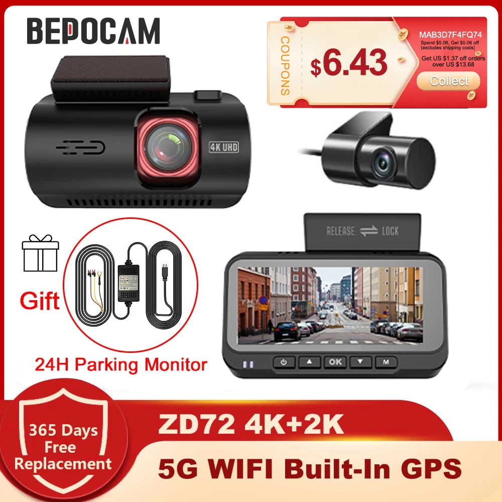 

BEPOCAM Dash Cam 4K HD Front Dashcam Smart Car DVR Built-In GPS 5G WiFi Dash Camera Video Recorder 24H Parking Include Rear Cam